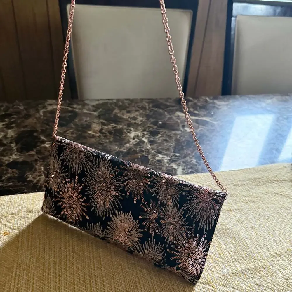 Dressbarn Black and Rose Gold Sequin Starburst Evening Clutch with Chain Strap